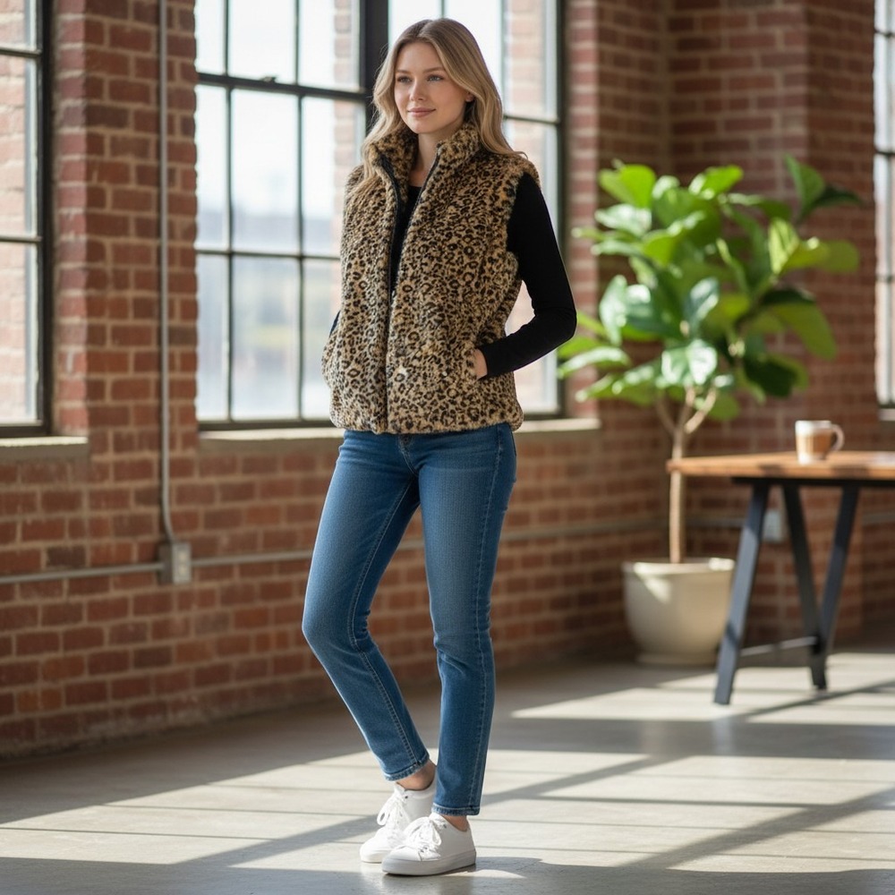 Women Leopard Print Faux Fur Vest Size Small Indie Sleeze Statement Layer Zip Up